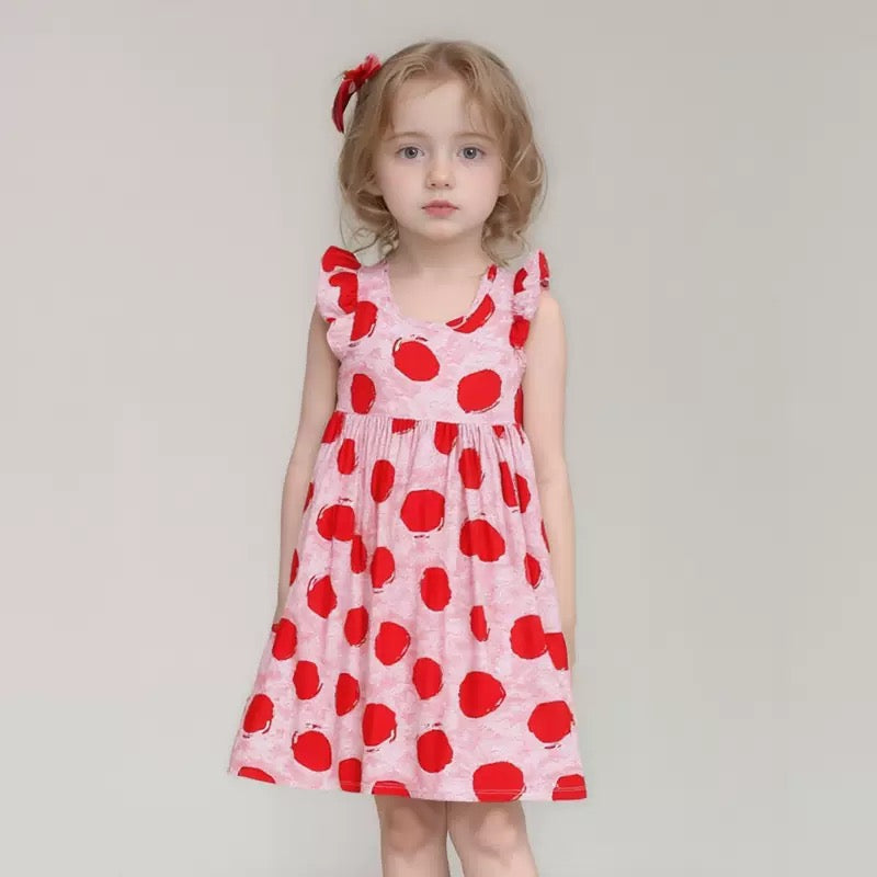 Red fruit printed summer dress for girls.